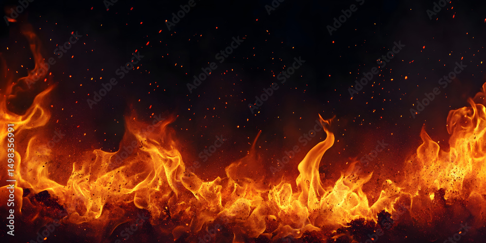 Obraz premium Inferno: A fiery inferno rages, a mesmerizing dance of orange and yellow flames against a backdrop of deep black.