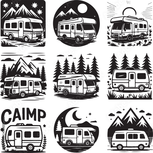 Tent Under Stars Camping Silhouette

Campfire by the Lake Vector Scene

Hiker Resting at Campsite Design

Family Camping Adventure Silhouette

Mountain Forest Camping Night Vector