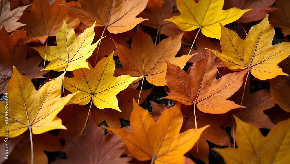 Fototapeta premium Close up of fallen leaves on ground in autumn covered in raindrops.