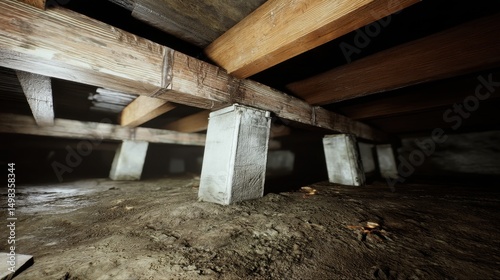 建物の基礎構造、コンクリート支柱と土台、暗がり、低角度撮影 (Building Foundation Structure, Concrete Pillars and Foundation, Darkness, Low-Angle Shot)