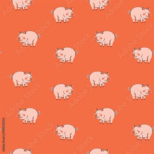 Seamless pattern with cute cartoon pigs on a coral background. Suitable for children's textiles, wallpaper, packaging, agricultural themes, Vector illustration
