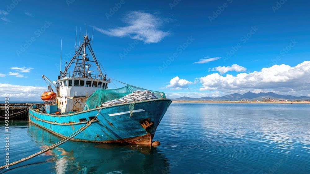 Naklejka premium Fishing Boat at Harbor, Daytime, Coastal View