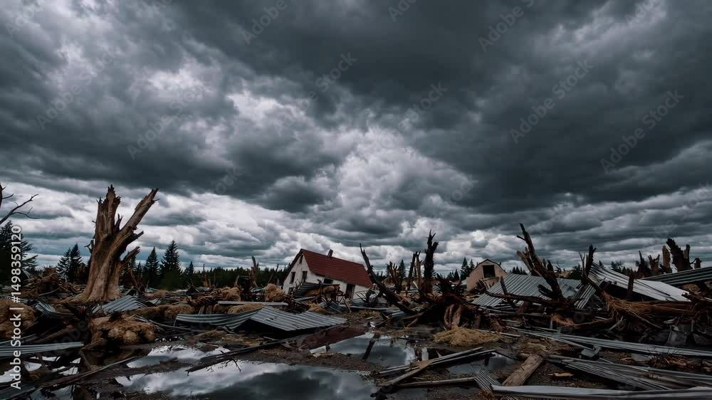 Dramatic storm clouds loom over tornadodamaged forest and destroyed buildings Dramatic storm clouds loom over tornadodamaged forest and destroyed buildings