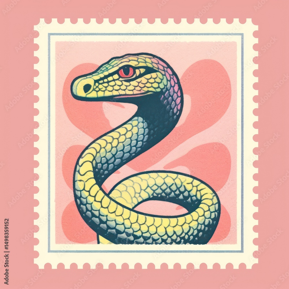 Fototapeta premium Snake pattern Risograph style reptile animal postage stamp.