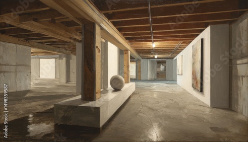 古材とコンクリートの調和：地下空間のアートギャラリー