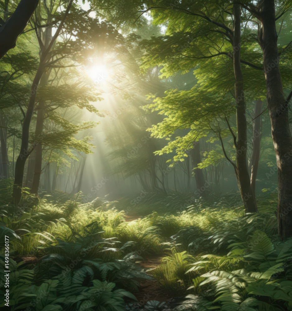 Obraz premium Lush green forest with sunlight dappling through leaves, branches, shadow, ecology