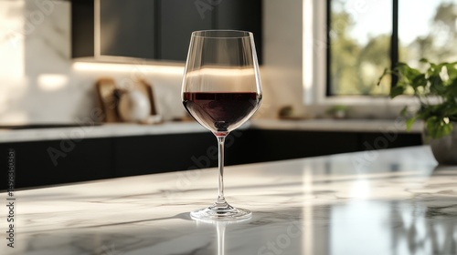 Red Wine Glass on Marble Kitchen Counter