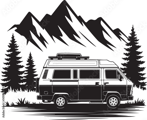 Vintage Campervan Adventure: A detailed graphic captures the essence of travel and freedom, a retro campervan is parked amidst trees under a vibrant sky, evoking a sense of wanderlust and exploration.