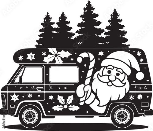 Vintage Campervan Adventure: A detailed graphic captures the essence of travel and freedom, a retro campervan is parked amidst trees under a vibrant sky, evoking a sense of wanderlust and exploration.