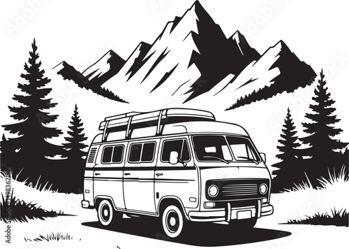 Vintage Campervan Adventure: A detailed graphic captures the essence of travel and freedom, a retro campervan is parked amidst trees under a vibrant sky, evoking a sense of wanderlust and exploration.