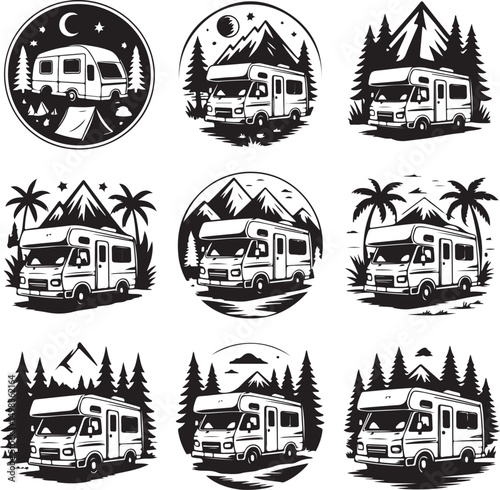 Vintage Campervan Adventure: A detailed graphic captures the essence of travel and freedom, a retro campervan is parked amidst trees under a vibrant sky, evoking a sense of wanderlust and exploration.