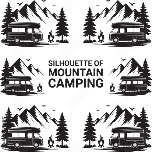 Vintage Campervan Adventure: A detailed graphic captures the essence of travel and freedom, a retro campervan is parked amidst trees under a vibrant sky, evoking a sense of wanderlust and exploration.