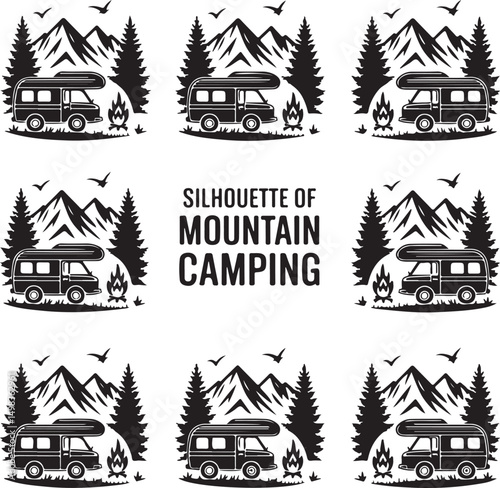 Vintage Campervan Adventure: A detailed graphic captures the essence of travel and freedom, a retro campervan is parked amidst trees under a vibrant sky, evoking a sense of wanderlust and exploration.