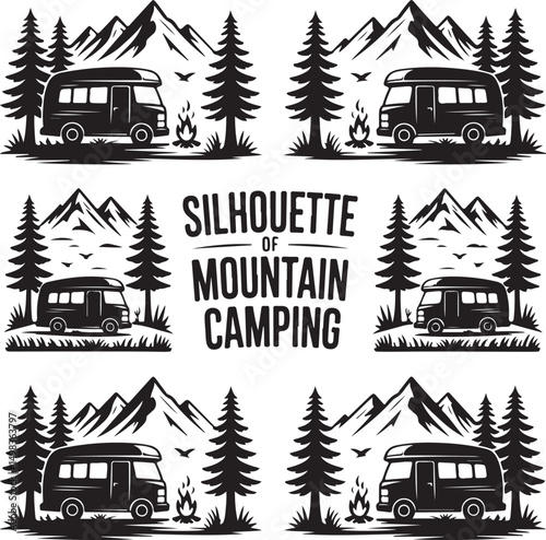 Vintage Campervan Adventure: A detailed graphic captures the essence of travel and freedom, a retro campervan is parked amidst trees under a vibrant sky, evoking a sense of wanderlust and exploration.