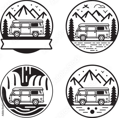 Vintage Campervan Adventure: A detailed graphic captures the essence of travel and freedom, a retro campervan is parked amidst trees under a vibrant sky, evoking a sense of wanderlust and exploration.