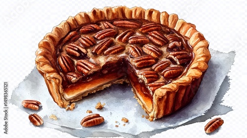 Pecan Pie Watercolor Illustration Isolated on Transparent PNG
