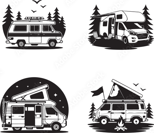 Vintage Campervan Adventure: A detailed graphic captures the essence of travel and freedom, a retro campervan is parked amidst trees under a vibrant sky, evoking a sense of wanderlust and exploration.