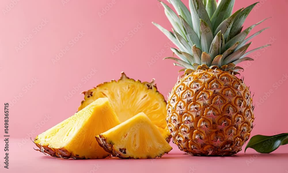 Fresh Pineapple And Sliced Pieces Displayed On Pink Backdrop Under Bright Light Studio Shot
