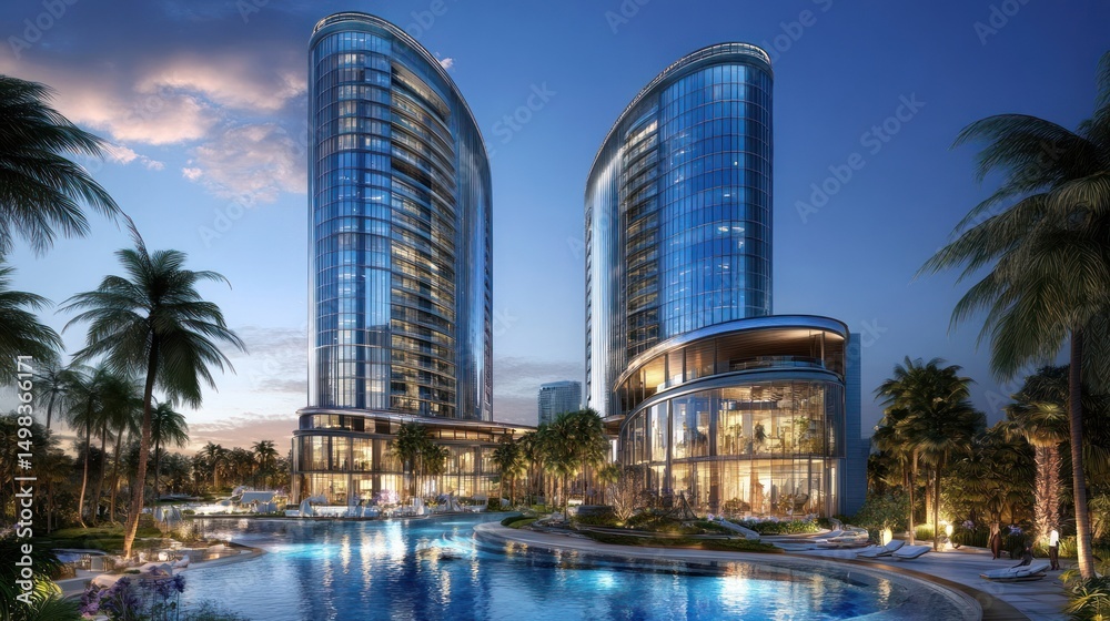 Naklejka premium Luxury Residential Complex with Pool Reflecting the Architectural Grandeur