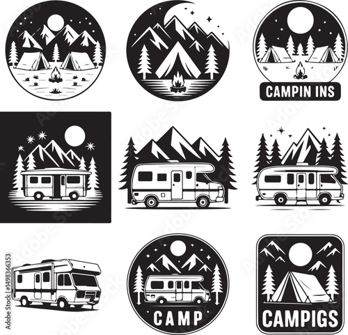 Vintage Campervan Adventure: A detailed graphic captures the essence of travel and freedom, a retro campervan is parked amidst trees under a vibrant sky, evoking a sense of wanderlust and exploration.