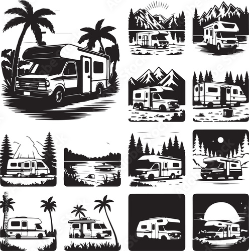 Vintage Campervan Adventure: A detailed graphic captures the essence of travel and freedom, a retro campervan is parked amidst trees under a vibrant sky, evoking a sense of wanderlust and exploration.