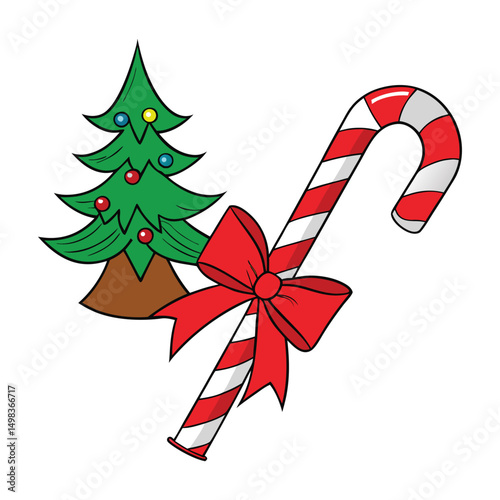 Christmas candy canes tied with a bright red bow, hanging on a festive Christmas tree adorned with lights and ornaments, spreading holiday cheer and sweetness.
