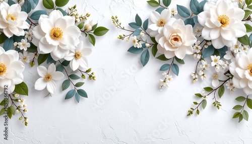Flowers on the old white wall background, digital wall tiles or wallpaper design © Rindi