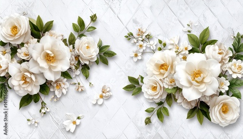 Flowers on the old white wall background, digital wall tiles or wallpaper design © Rindi