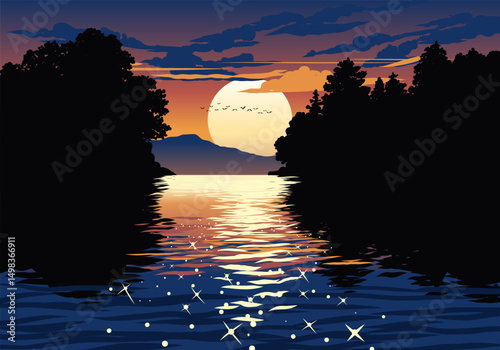 Stunning river sunset illustration with silhouette of trees in the background