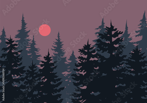 Pine forest silhouette at tranquil sunset with glowing sun