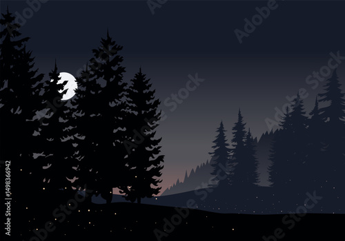 Foggy night in tranquil pine forest with fireflies and moonlight