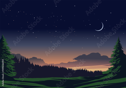 Forest night scenery with moon and stars