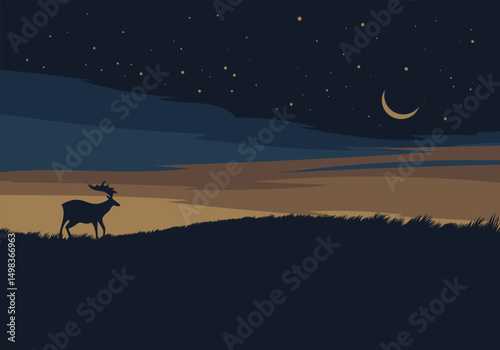 Minimalist fantasy night sky illustration with an elk, moon and stars