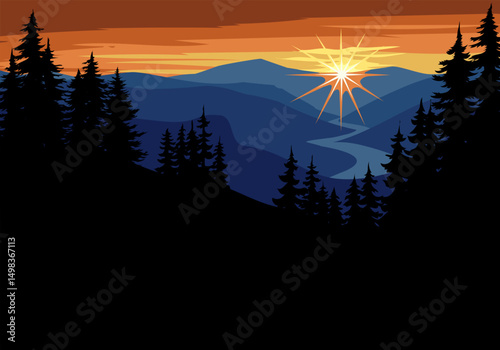 Serene sunset in pine forest with mountain and river in the distance