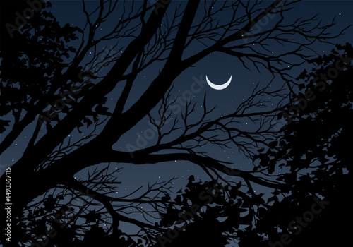Tree branches stretch gracefully toward a shimmering crescent moon and a sprinkle of twinkling stars
