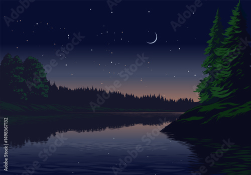 Beautiful breathtaking night landscape with river, forest, moon and stars