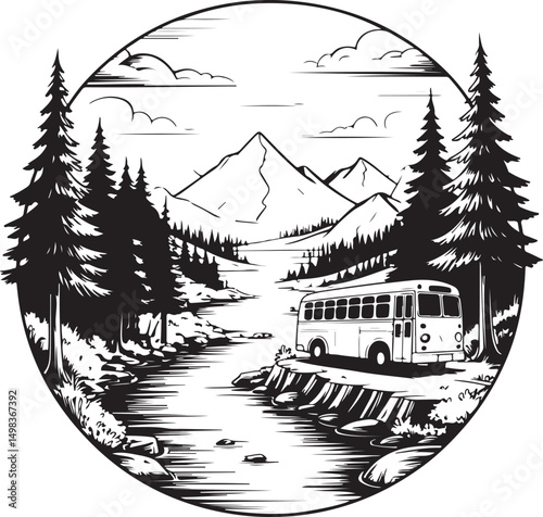 Vintage Campervan Adventure: A detailed graphic captures the essence of travel and freedom, a retro campervan is parked amidst trees under a vibrant sky, evoking a sense of wanderlust and exploration.