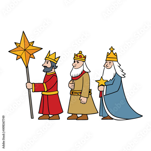 The Three Wise Men journey through the night, guided by a shining star, bringing gifts to honor the newborn King in Bethlehem.
