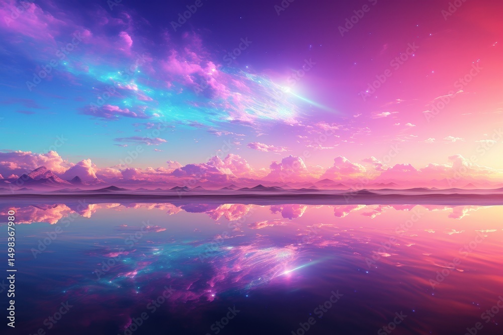 Fototapeta premium 夢幻的な彩雲と鏡面反射の湖畔風景