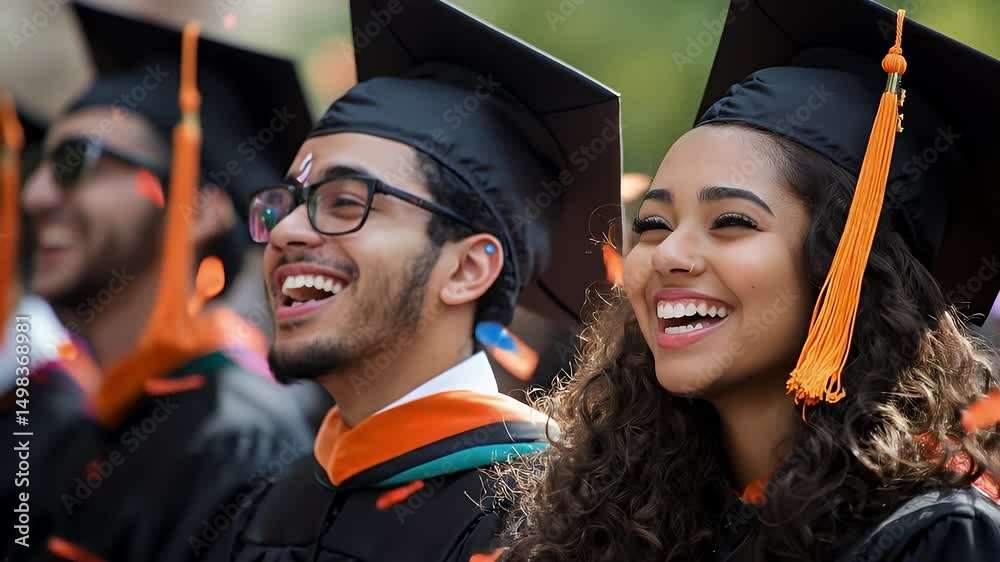 Group of College Students Celebrate Graduation with Confetti in Black Gowns and Cap with Orange Stole Outside