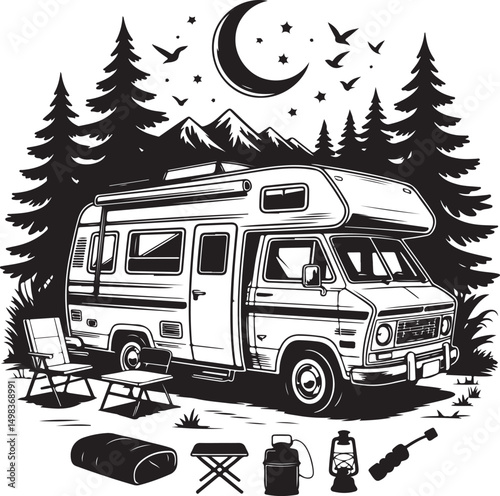 Vintage Campervan Adventure: A detailed graphic captures the essence of travel and freedom, a retro campervan is parked amidst trees under a vibrant sky, evoking a sense of wanderlust and exploration.