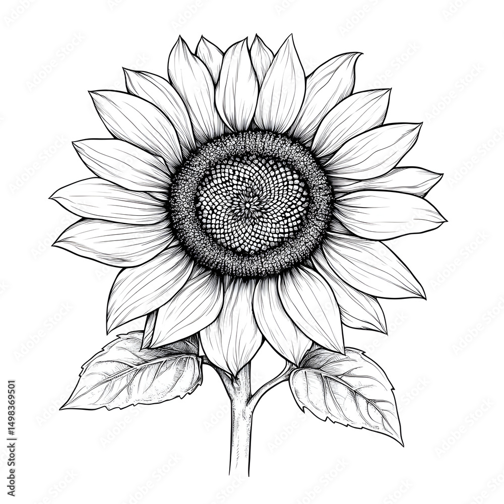 Fototapeta premium Detailed Hand Drawn Sunflower Sketch on White Background - Botanical Illustration for Design Projects