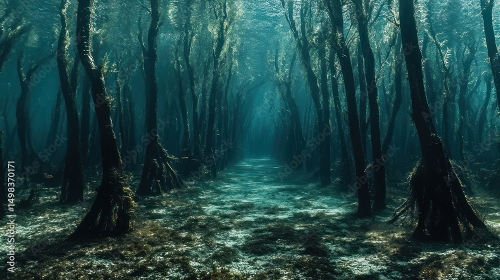 Fototapeta premium Enigmatic submerged forest with an ethereal glow, a surreal underwater landscape