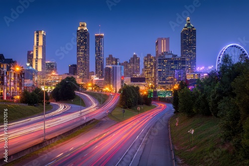 Atlanta Cityscape At Twilight With Light Trails