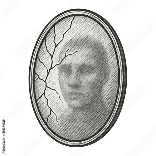 Broken Oval Mirror with Blurred Face Vector – Symbol of Identity and Numbness