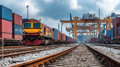 Freight train transporting cargo shipping yard photograph urban environment ground level view logistics concept
