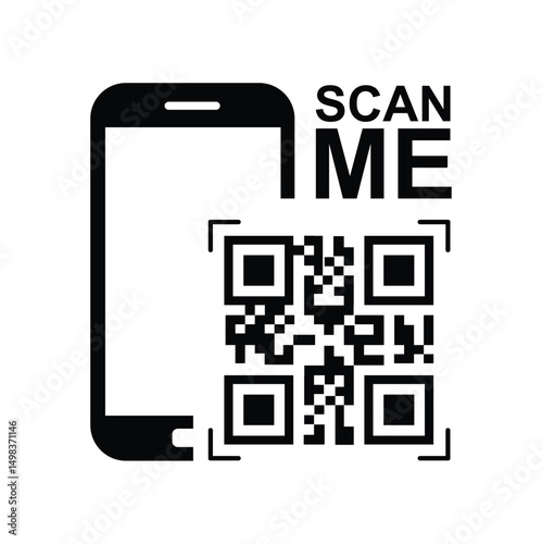 Vertical black smartphone silhouette on white background, centered QR code with highlighted framing squares and bold 'SCAN ME' text. Minimalist, clean, technical style conveying scanning action. Front