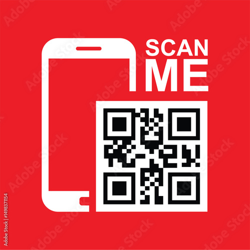 Minimalist design, vibrant red background, white smartphone icon (left), black QR code (upper right), bold "SCAN ME" text. Clean, modern digital tech, graphic composition for clear communication, easy