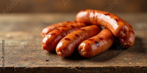 Grilled sausages on rustic wooden surface, close-up shot showing rich textures and appetizing details