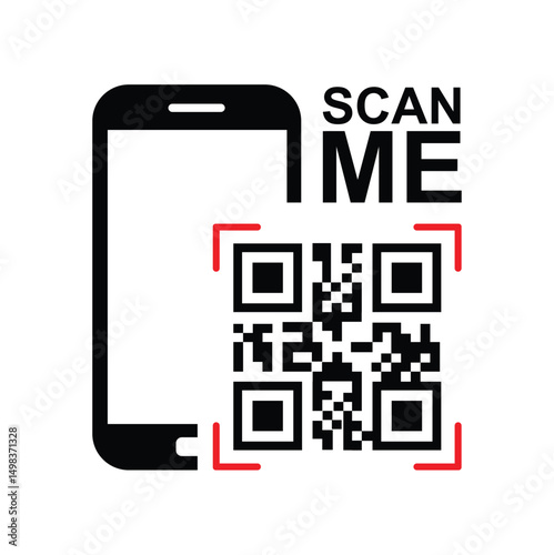 Vertical black smartphone silhouette on white background, centered QR code with highlighted framing squares and bold 'SCAN ME' text. Minimalist, clean, technical style conveying scanning action. Front